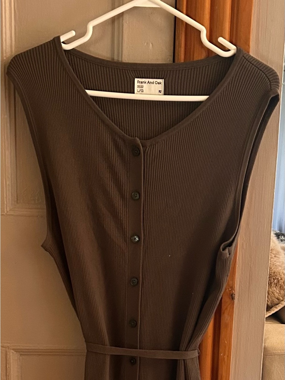 Frank & Oak Brown Ribbed Sleeveless Button-Front Dress with Waist Tie